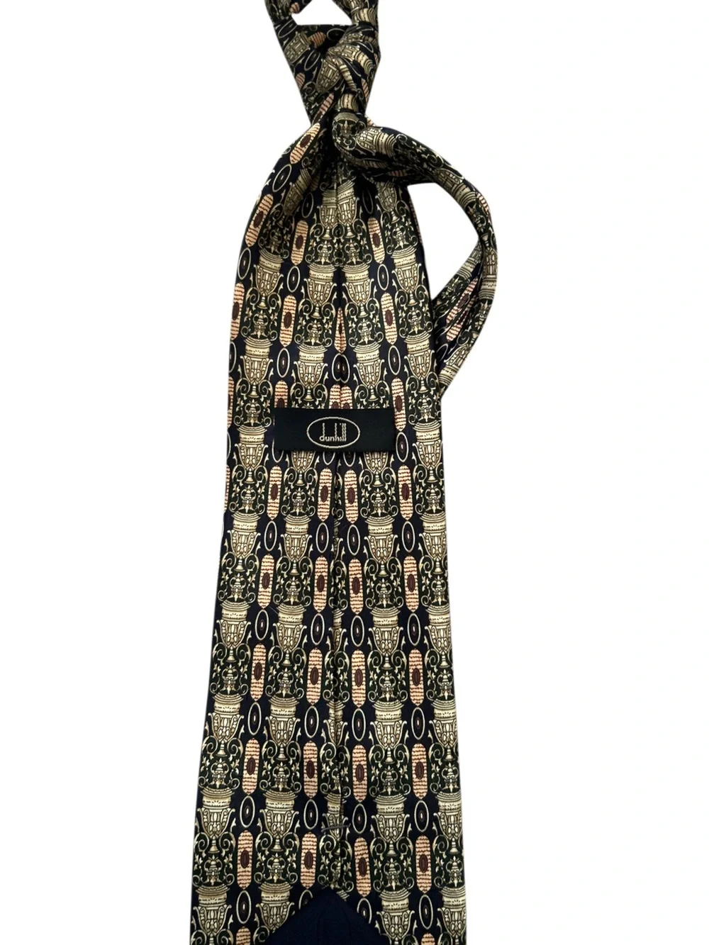 ⁠Vintage Dunhill Silk Tie Classic Urn Medallion Pattern Black Gold